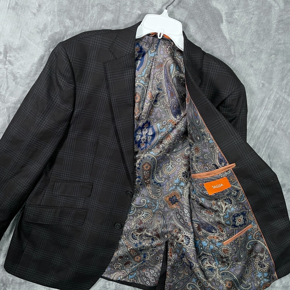 Tallia‎ Suit Jacket Mens 44S Short Blazer Gray Plaid Paisley Lined Wool Stretch